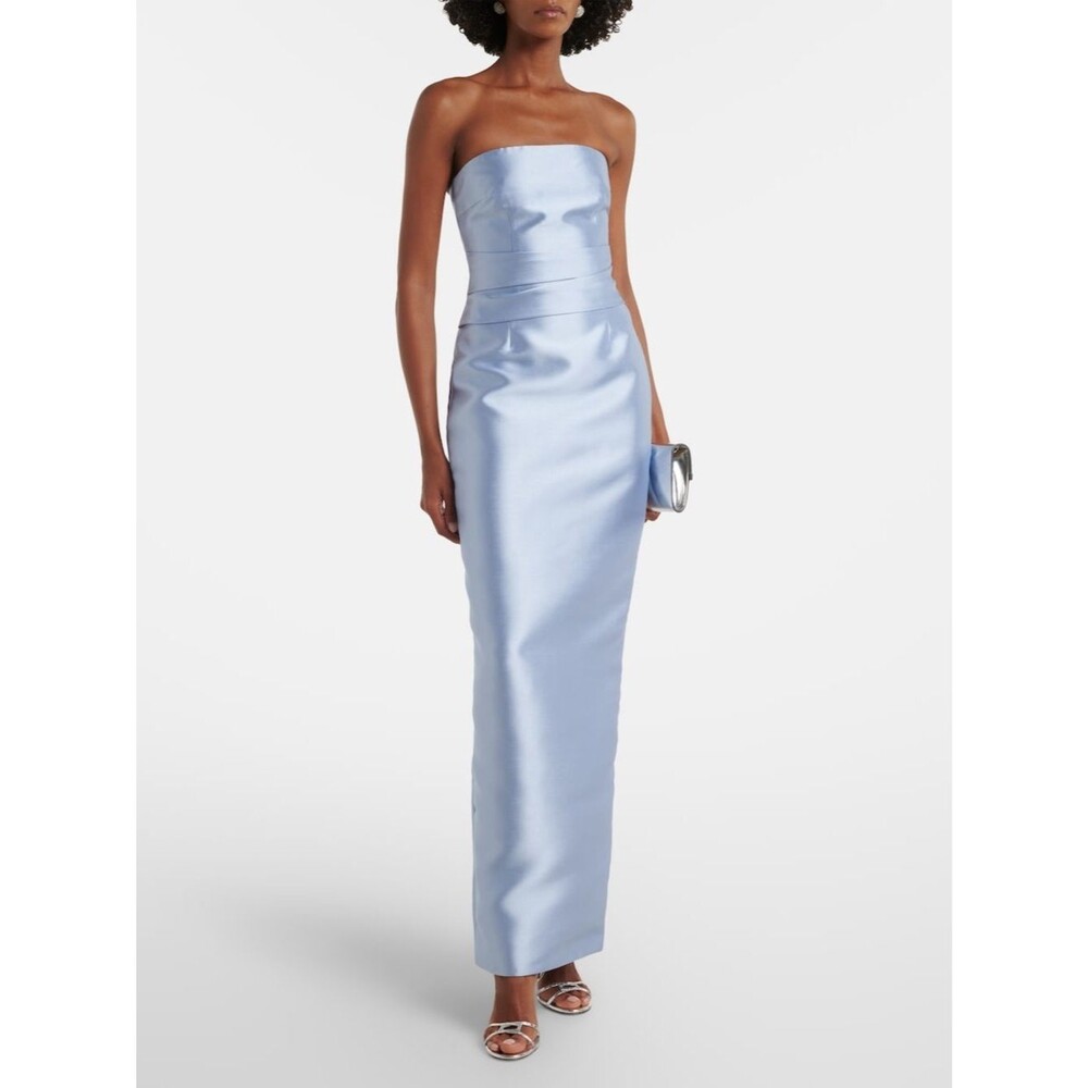 New Solace London Ingrid Strapless Light Blue draped satin evening gown, US4